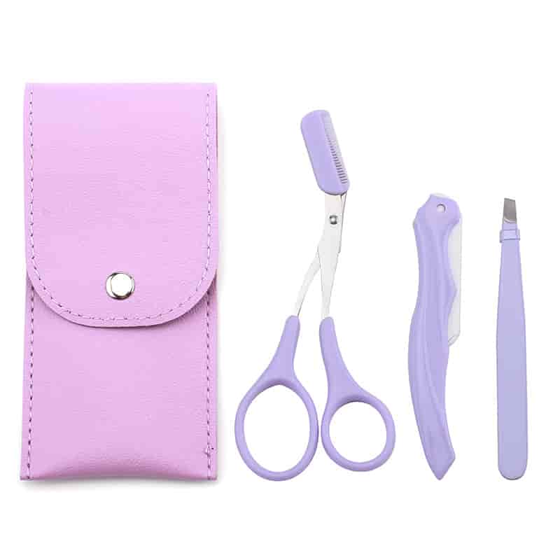 New Arrival 3pcs Makeup Purple Tweezers Extension Scissor Eyebrow Grooming Kit