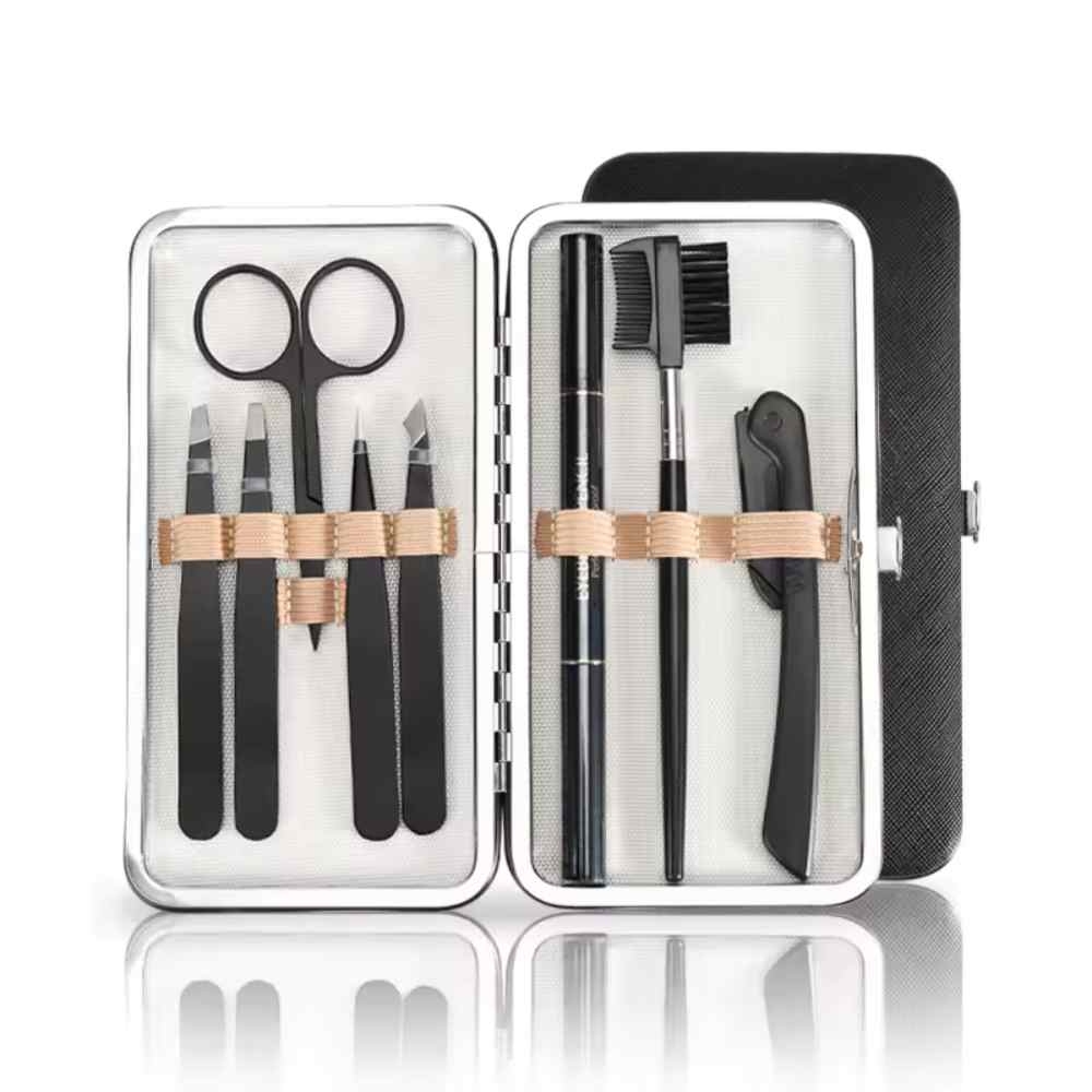 8 Pcs Stainless Steel Eyebrows Tweezer Set Women's Travel Daily Beauty Tools Including Curved Scissors with Leather Travel Case