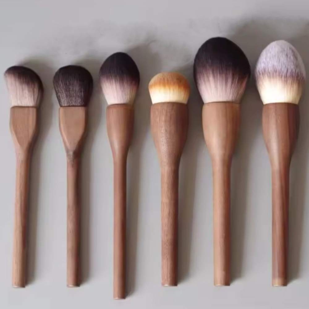 Walnut Wood Makeup Brush Set with Seamless Foundation Blush and Loose Powder Brushes Rippled Nylon Bristles