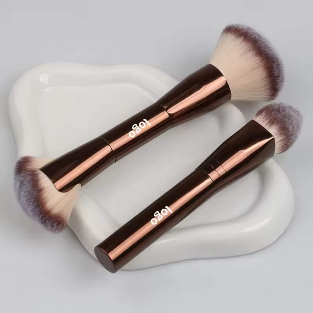 Professional Double Head Powder Fan Makeup Brushes Custom Luxury Vegan Aluminium Handle Single Makeup Brushes