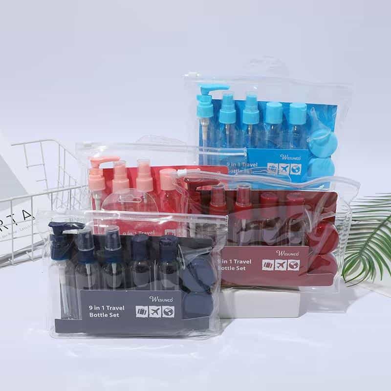 Different colors 9 Pieces Plastic Travel Set Bottle Zipper Bag Set for Cosmetic .jpg